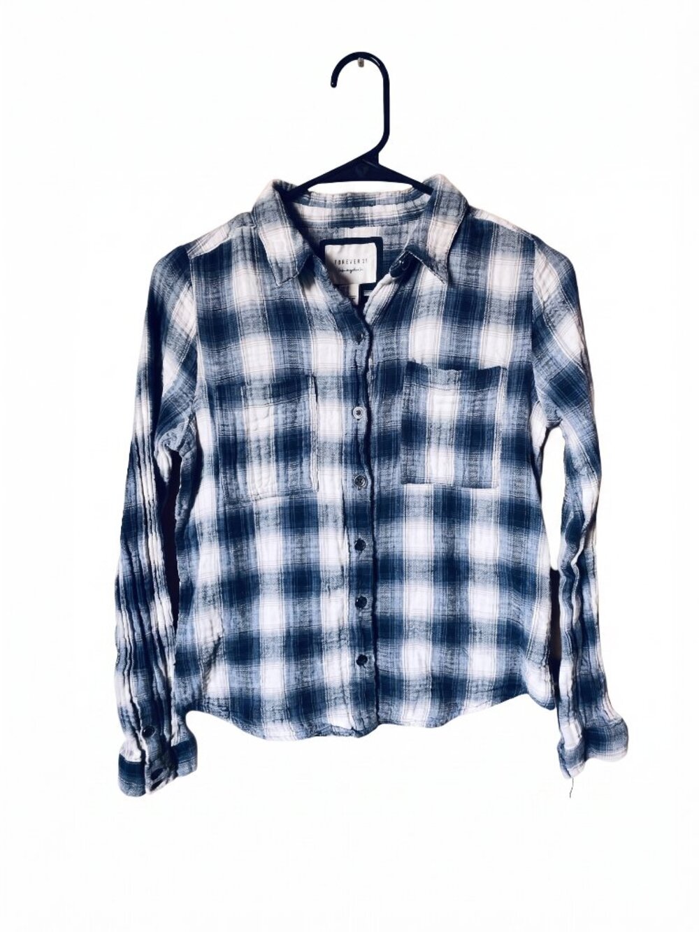 Forever 21 Navy Blue & White Plaid Flannel Button-Up Shirt, Size S